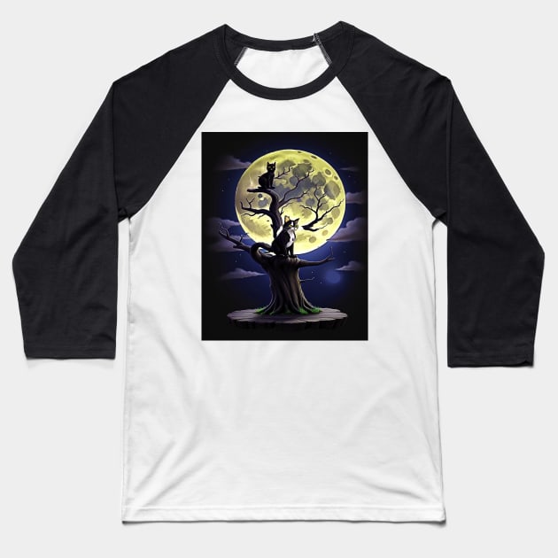 Vintage Black Cat On Scary Tree In Front of the Full Moon Halloween Baseball T-Shirt by masterpiecesai